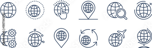Global internet line icon collection, world globe symbols for web navigation, location, search, settings and travel, modern outline vector UI set