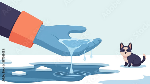 A cupped hand holds water over icy ground with a small dog watching