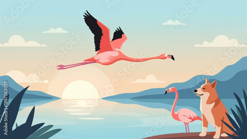 A dog sits by a lake with flamingos, one flies overhead at sunset
