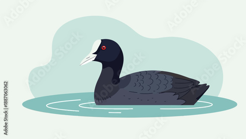 A dark waterbird with a white beak and red eye floats on calm water