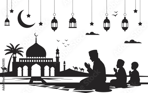 Islamic prayer family scene icon set, mosque, crescent, lantern, camel and desert symbols - flat vector illustration