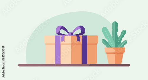 A decorative present sits on a shelf next to a potted plant