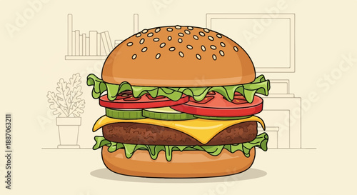 A delicious, cartoon-style hamburger with lettuce, tomato, cucumber, and cheese