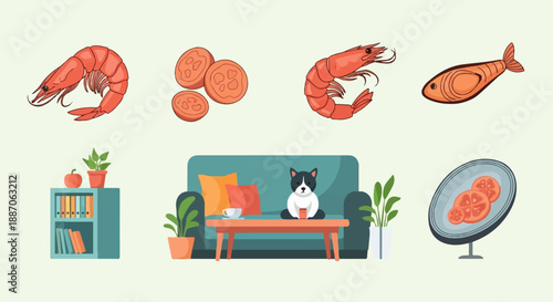 A dog sits on a couch with a drink. Food items are on a shelf and plate
