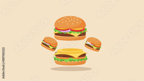 A delicious burger arrangement in a flat minimalist style