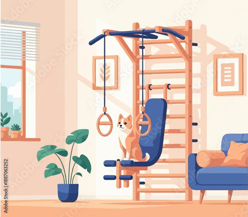 A dog sits on a home gym setup with a plant and a window