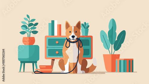 A dog sits patiently with a leash in its mouth, indoors