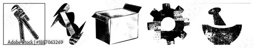 Set of Five Isolated Mechanical Tools and Objects in Halftone Vector Style
