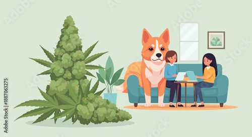 A dog sits with two women discussing documents near a cannabis plant