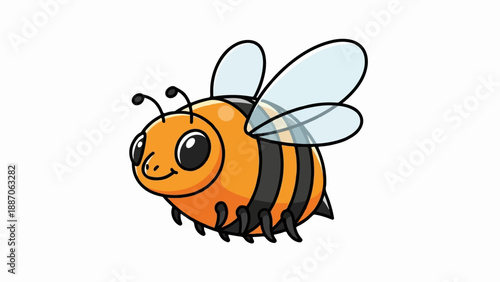 A cute cartoon bee with black stripes and translucent wings
