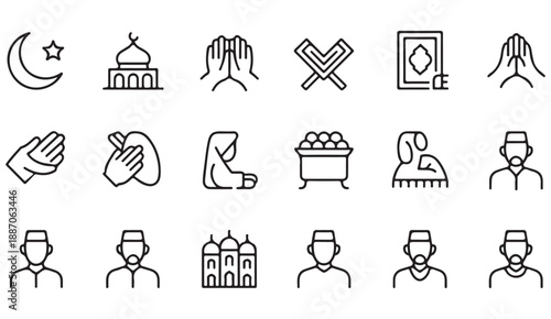 Eid prayer community symbols outline icon set