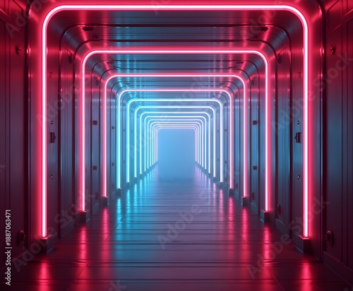 Futuristic Neon Lit Corridor with Vanishing Perspective