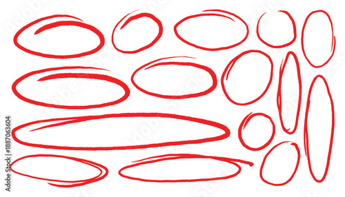 Set of hand drawn red circles line and ovals sketch highlights. Vector circular scribble doodle round for message note mark design element. Highlight circle frames. Pencil or pen ellipses graffiti