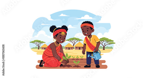 Vector illustration of African children planting crops in a small field, promoting sustainability and agricultural learning in rural daily life through flat vector design