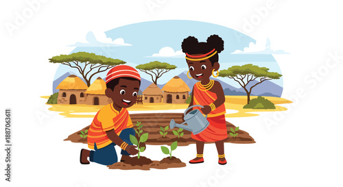 Vector illustration of African children planting crops in a small field, promoting sustainability and agricultural learning in rural daily life through flat vector design