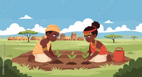 Vector illustration of African children planting crops in a small field, promoting sustainability and agricultural learning in rural daily life through flat vector design