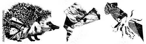 Three Stylized Animals in Geometric Halftone Vector Art