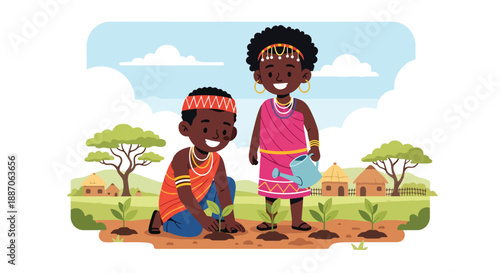 Vector illustration of African children planting crops in a small field, promoting sustainability and agricultural learning in rural daily life through flat vector design