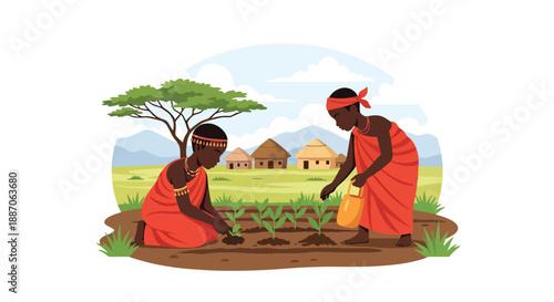 Vector illustration of African children planting crops in a small field, promoting sustainability and agricultural learning in rural daily life through flat vector design