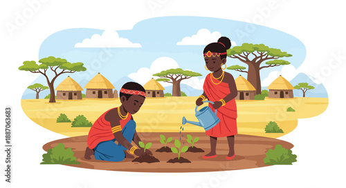 Vector illustration of African children planting crops in a small field, promoting sustainability and agricultural learning in rural daily life through flat vector design