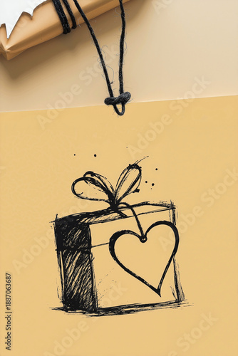 Wallpaper Mural ballpoint pen sketch of a gift carton with heart tag and scribbled knot on warm cream paper, featuring raw energetic strokes and artistic Torontodigital.ca