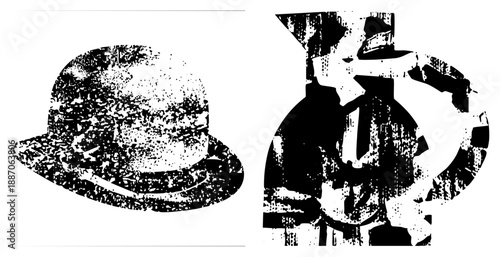 Vintage Bowler Hat and Silhouette of Man in Fedora Hat