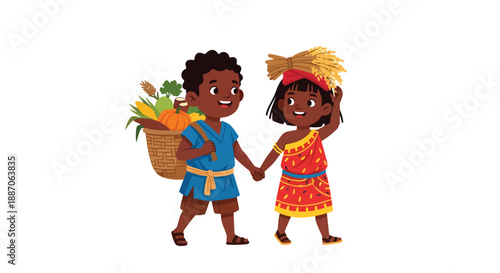 Vector illustration of African children carrying harvested crops together, symbolizing teamwork, productivity, and rural community strength in flat vector style