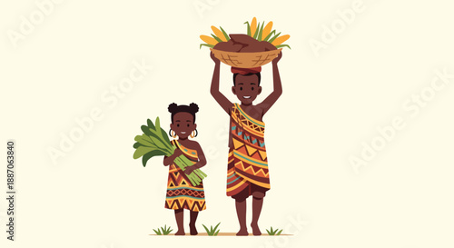 Vector illustration of African children carrying harvested crops together, symbolizing teamwork, productivity, and rural community strength in flat vector style