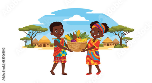 Vector illustration of African children carrying harvested crops together, symbolizing teamwork, productivity, and rural community strength in flat vector style
