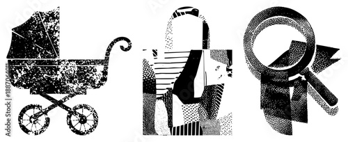 Vintage Halftone Stylized Baby Stroller, Handbag, and Magnifying Glass