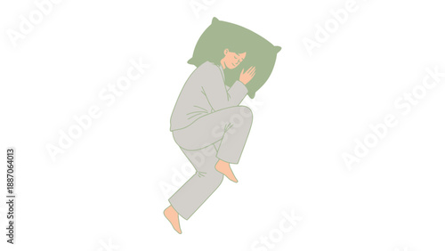 A minimalist vector illustration of a woman sleeping with a green pillow