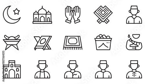 Ramadan religious symbols and imam icons in line style