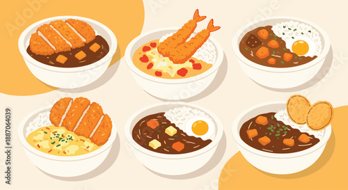 Various bowls of delicious japanese curry rice topped with breaded pork cutlets, fried shrimp, and eggs for a hearty meal set.