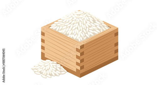 Overflowing mound of white polished rice inside a traditional square wooden measuring box known as a masu on a clean backdrop.