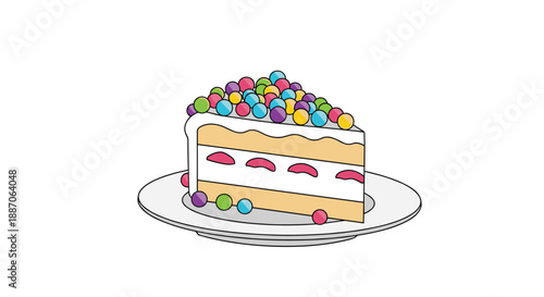 Appetizing slice of layered sponge cake topped with white frosting and many small colorful candy beads served on a plate.