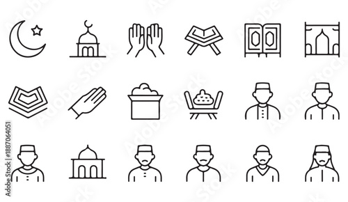 Islamic prayer and worship outline icon set collection