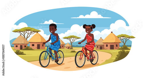 Vector illustration of African children riding bicycles on village roads, showing daily transport and joyful rural mobility in flat vector style