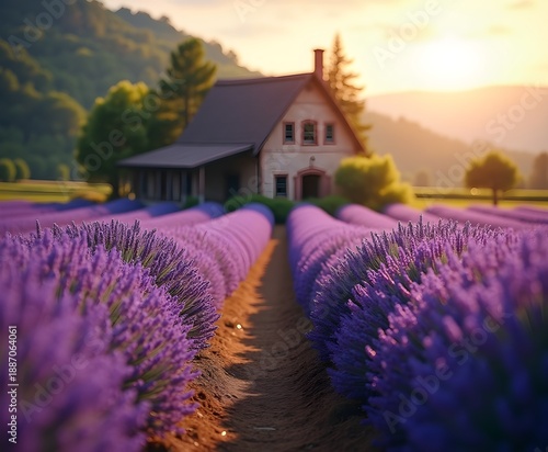 Scenic Lavender Rows Leading Toward Rustic Farmhouse