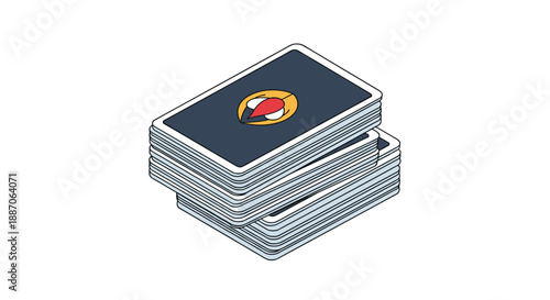 Small stack of playing cards with dark blue backs and a circular red and white logo resting on a white background.