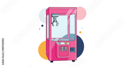 Classic pink arcade claw machine toy dispenser standing alone against an abstract background with colorful geometric shapes.