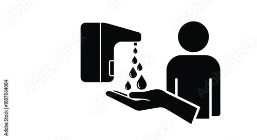 Black silhouette icon showing a hand receiving drops of liquid from an automatic dispenser next to a human figure.