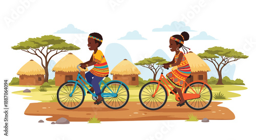 Vector illustration of African children riding bicycles on village roads, showing daily transport and joyful rural mobility in flat vector style