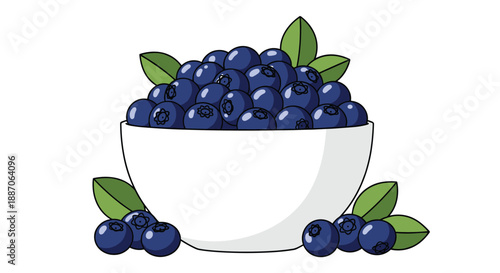 White ceramic bowl filled to the brim with ripe blue blueberries and garnished with fresh green leaves on a white background.