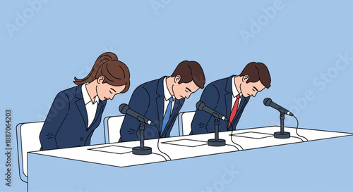 Three business professionals in suits bowing deeply behind a table with microphones during a formal press conference.