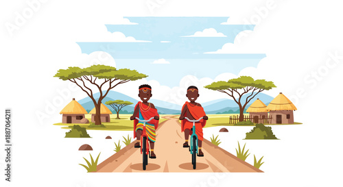 Vector illustration of African children riding bicycles on village roads, showing daily transport and joyful rural mobility in flat vector style