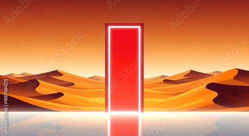 Glowing Red Door in Desert Landscape at Sunset with Reflection