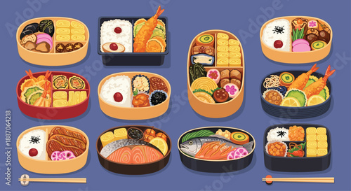 Large assortment of colorful japanese bento boxes filled with rice, fish, tempura, vegetables, and other side dishes.