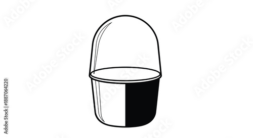 Black and white line drawing of a single empty capsule toy container with a transparent top and a half black bottom.