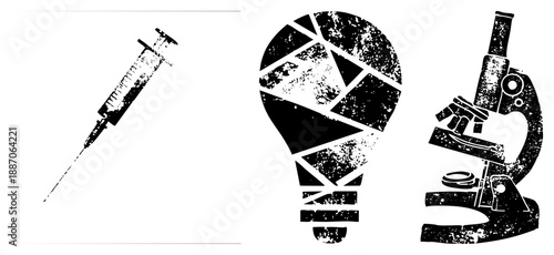 Medical Syringe, Broken Lightbulb, and Microscope in Grunge Vector