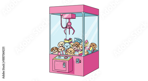 Pink and blue arcade claw machine filled with numerous cute stuffed puppy toys waiting to be caught by the crane.
